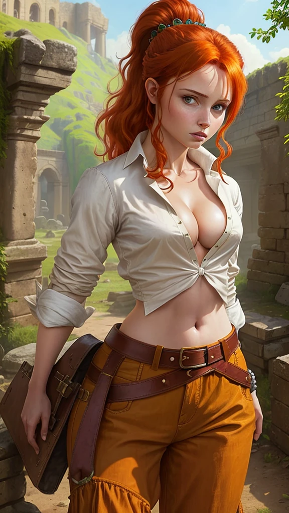 (D&D rogue character:1.2) painting ginger woman auburn hair (updo:1.1), loose white shirt, ((completely unbuttoned, showing navel and cleavage)), leather pants pauldron teal armor belt, detailed background ancient ruins (small_breasts:1.1)