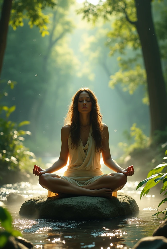A meditating movie character, Surrounded by symbols of natural elements and lighting, Conveying the concept of depth, Reflection of self-awareness