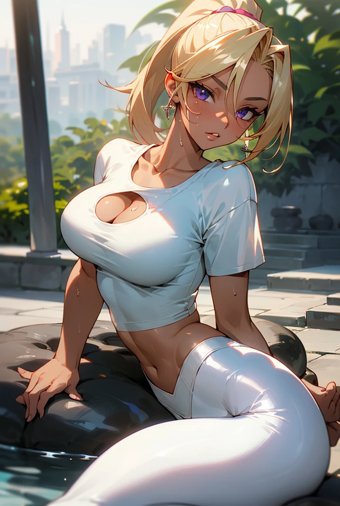 blonde woman, long ponytail mohawk haircut, mohawk, he is 19 years old, brown tanned skin, she is a very beautiful woman, too tanned, europea, perfect features, symmetrical face, purple eyes, very narrow waist, very slim and toned body, symmetrical body, 8K quality photo, suggestive lips, ((white yoga pants)), big breasts, slim and toned legs, HdR, real photography, Professional photography, her skin is beautiful, full and suggestive lips, pink lips, She is an extremely beautiful woman that you can stop looking at, suggestive look, she is the most beautiful woman in the world, his skin is sweaty, wet skin, standing in front of the camera, (((white top t-shirt))), Hands behind the back, in a zen garden for meditation, at sunset, zen water fountain, Cleavage Bulge, relaxed look, pose facing the camera sitting in lotus position with your eyes closed