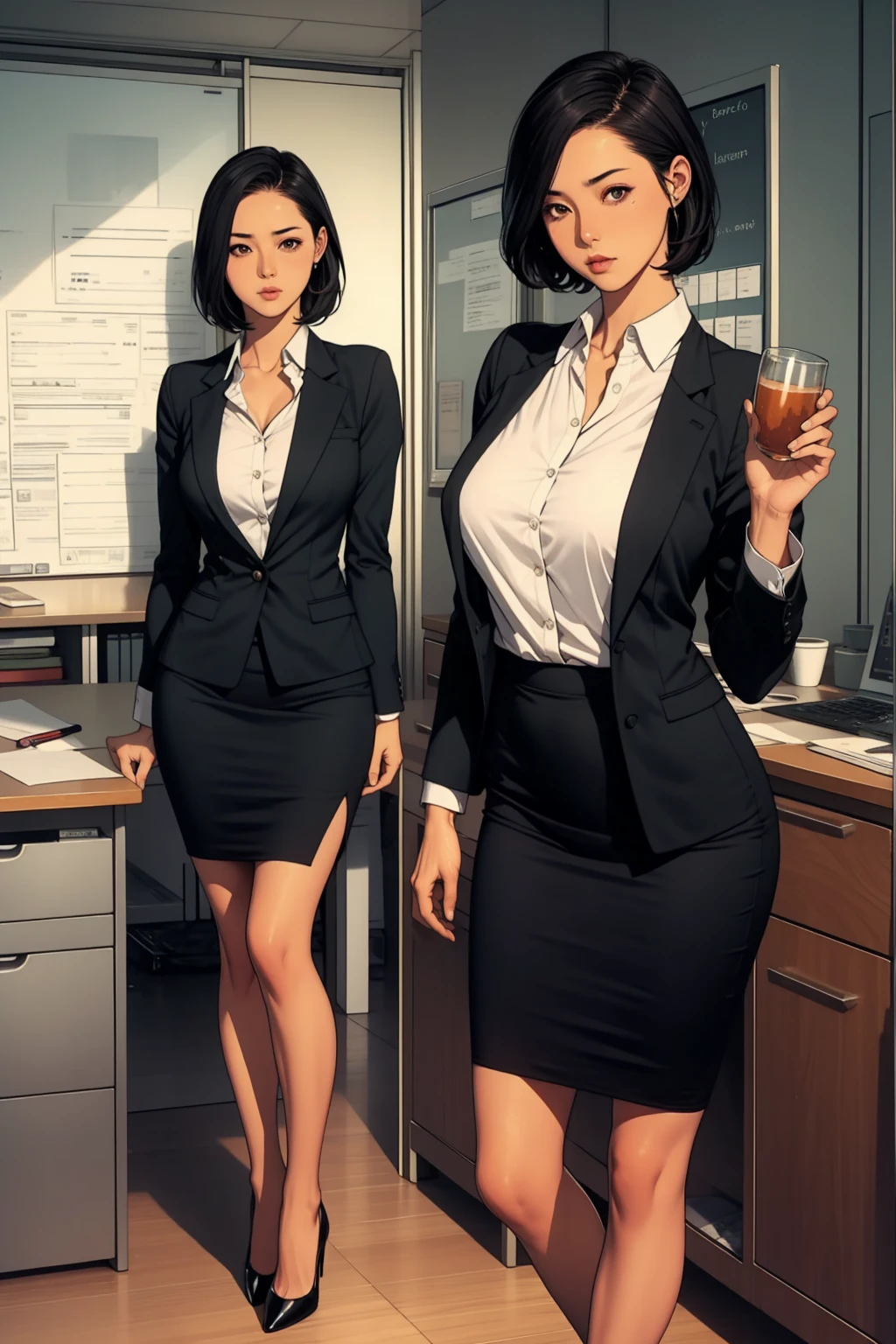 1 girl, black short hair, large breast, wearing black blazer, black pencil skirt,black heels, standing, lean on desk, drinking tea, dullbody shot, inside office, 