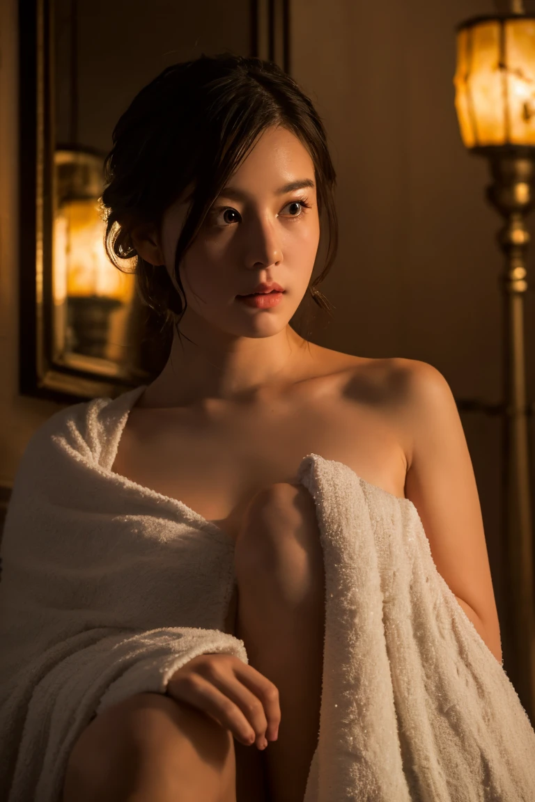 (Highest quality:1.4),(masterpiece:1.4),(Realistic:1.4),(Realistic:1.2),(超High resolution, RAW Photos:1.4),(High resolution, Ultra-detailed:1.2),(8k:1.2),View your viewers,Cinematic photography,a photo of a dark-haired,One girl,alone,((After bath,Completely naked,Damp Hair,Wrap a bath towel around your body,View from the front)),skeletally correct,(Western-style building interior,Dimly lit room,The lamplight shines on my cheeks)