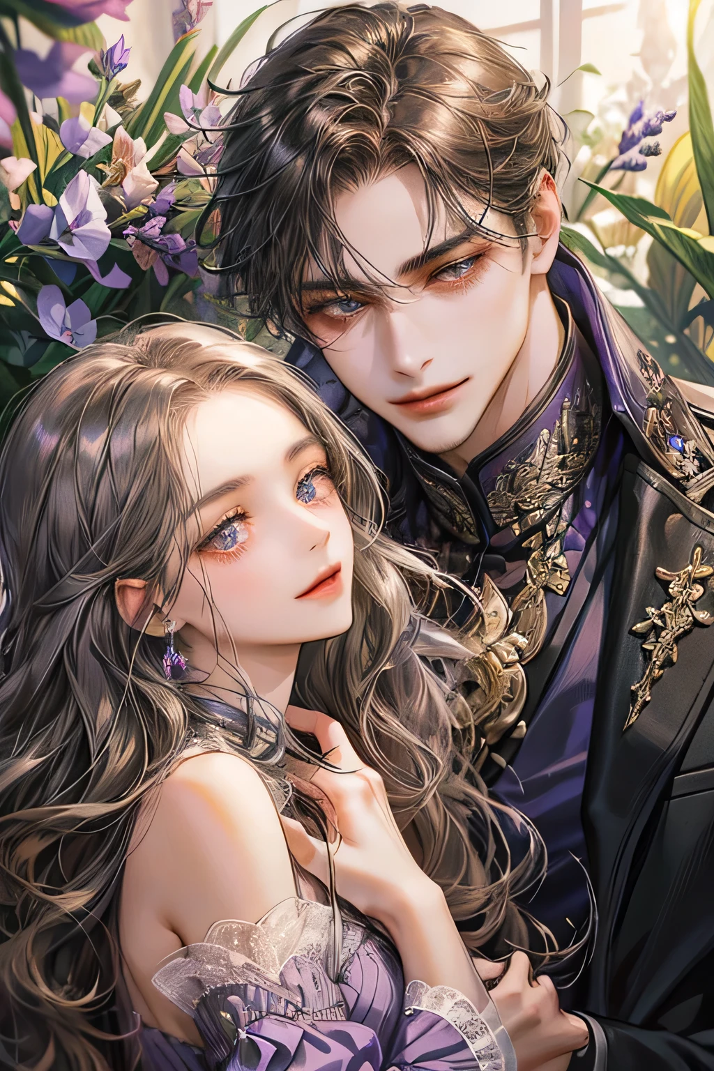 Couple, surounded by lavender flower, purple suit, smile, quiet and charming face, extreme detailed face, super detailed eyes, detailed hand and body, black detail eyes, 4K ultra, swept dark brown wavy hair, javanese style, lavender forest, accurate, detailed