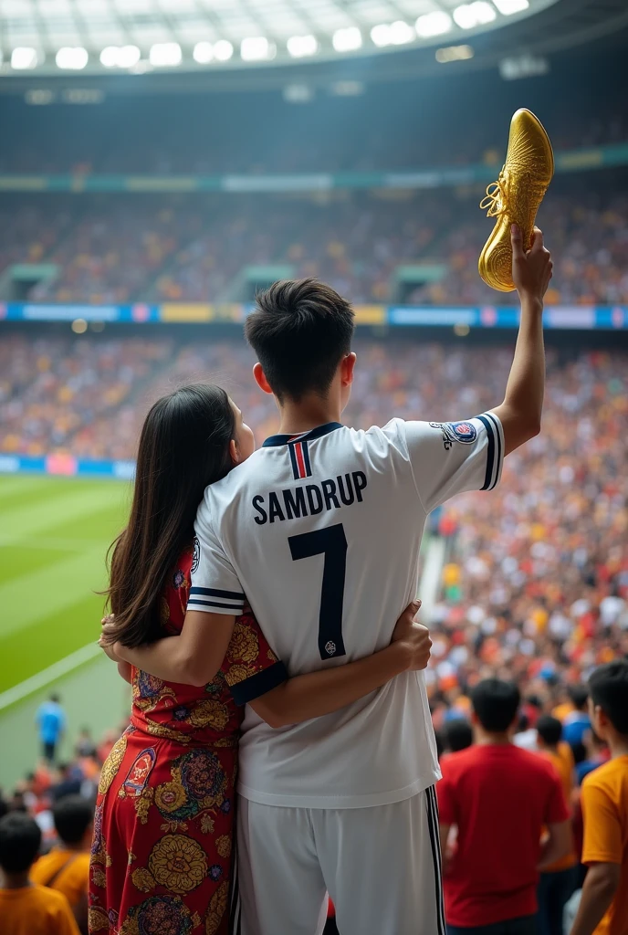A young man in real Madrid jersey wearing 7 and name as Samdrup at back of shirt...the men being hugged by a beautiful Bhutanese girl wearing kira at stadium where men holding golden boot and medal at neck.make it the back view .