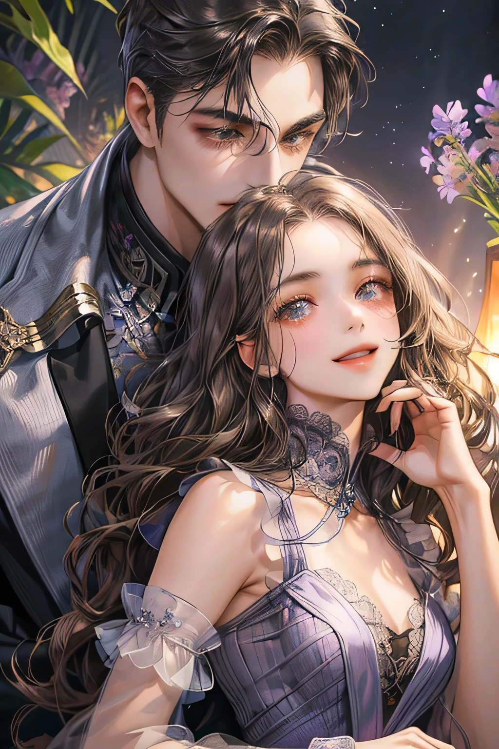 Couple, surounded by lavender flower, purple suit, smile, quiet and charming face, extreme detailed face, super detailed eyes, detailed hand and body, black detail eyes, 4K ultra, swept dark brown wavy hair, javanese style, lavender forest, accurate, detailed 
