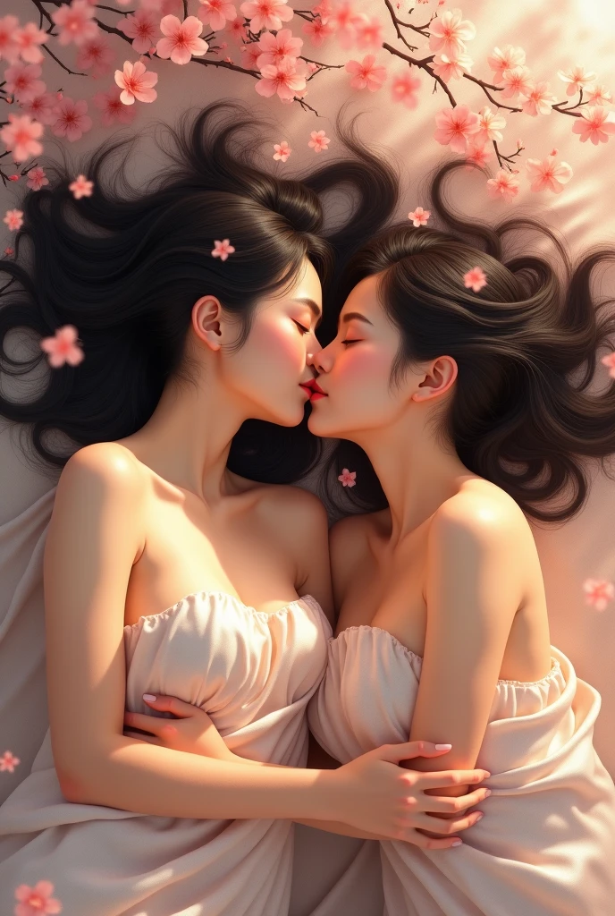 beautiful naked japanese women with big breasts lying on the sheet kissing