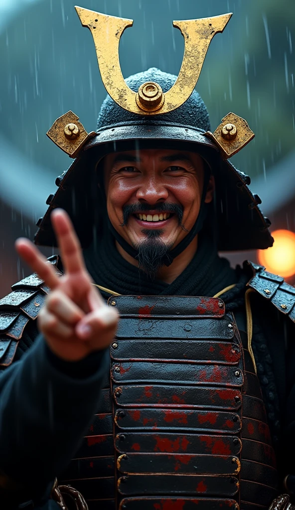 (((Selfie:1.3))), cinema shooting , Japanese man samurai , (35 age-old, little beard, little mustache, big smile),A samurai from the Kamakura period, wearing traditional armor and helmet, ((make v sign)), The samurai stands in a battle-ready pose, with a determined expression, night ,rain, ((Anatomically correct,Surrealism, UHD, retina, accurate, anatomically correct, textured skin, super detail, high details, best quality, 8K))