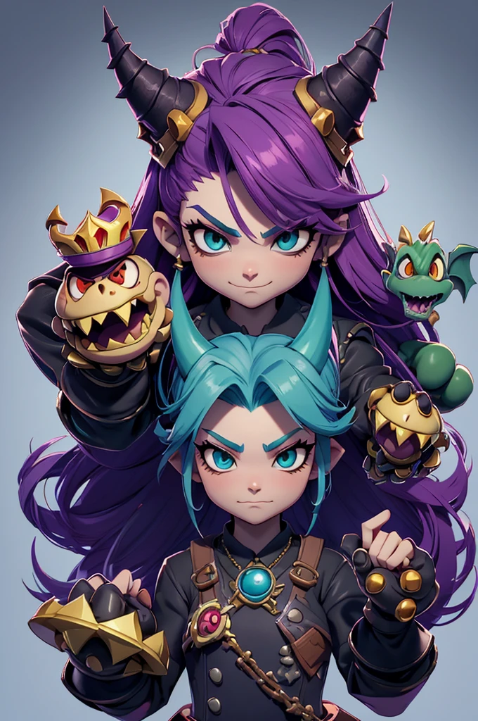 creatura estilo rayman legends and girl, shadown monster, dark monter, demon, big arms, Dragon head, Alligator Head, lizard head, estilo king roll donkey kong