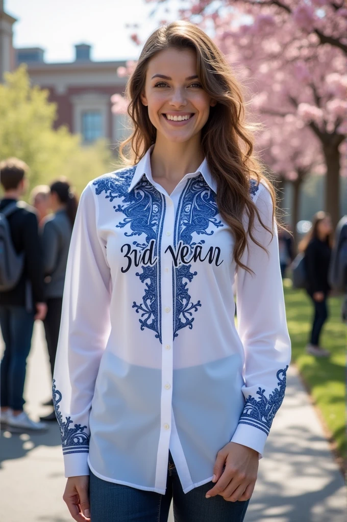 White shirt with blue details written 3rd year E