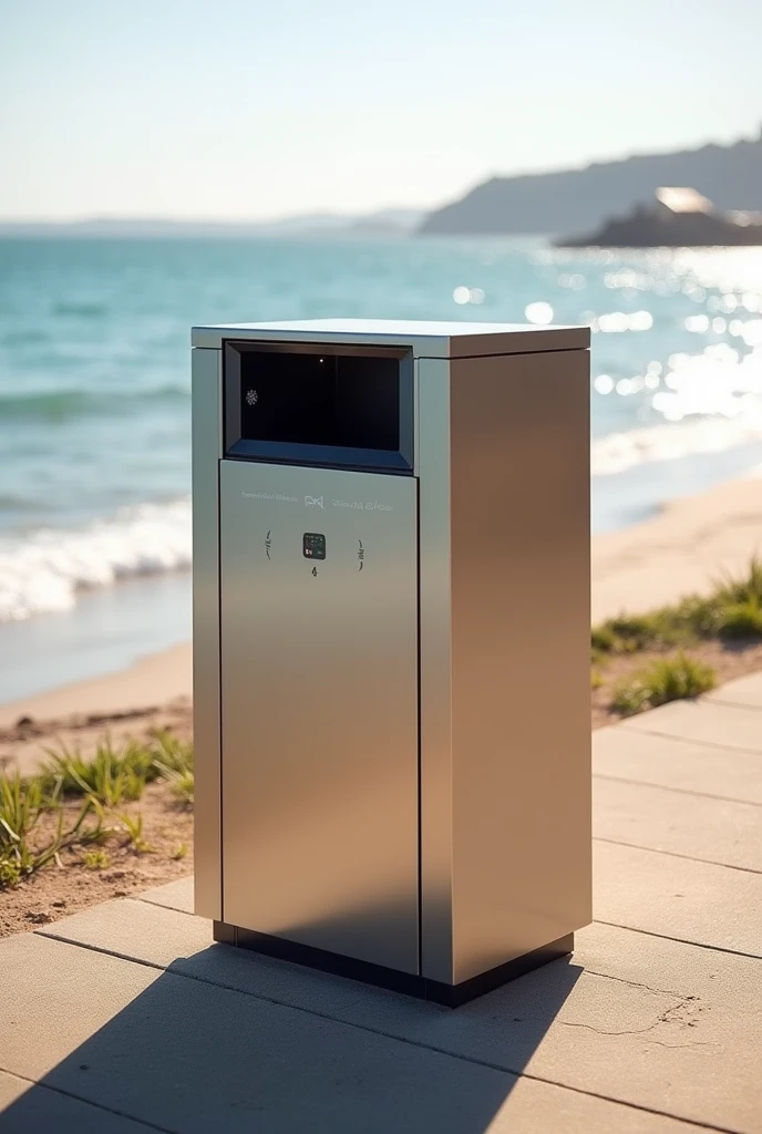a smart trash can, with compartments, It has a rectangular shape, therefore, very large in silver color and made of steel with acrylic, made for outdoor environments only, therefore, staying in the place of the landfills, it has a display and a control sensor. That it is very realistic and is on the sand or on the beach boardwalk