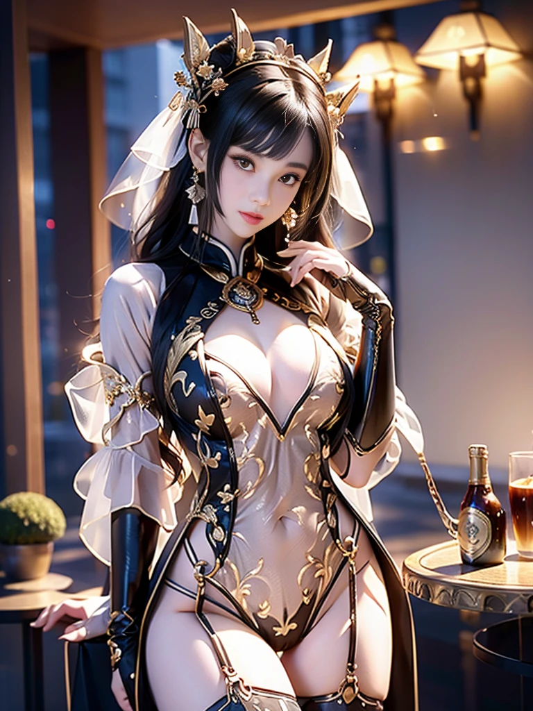 A beautiful woman in a transparent outfit, (Race:Chinese),((night, moonlight, By the coffee shop's floor-to-ceiling windows)), (8K Ultra HD, 8K, Ultra-high resolution, best quality, masterpiece, Surrealism, Digital SLR Camera, Soft Light, Bokeh, Masterpieces), ((((Beautiful model-like face))), (Creating the image of a real girl), warm light, Realistic shadows, Dynamic poses, Elegant Posture, Cowboy lens, Full body front view, Be confident, Body facing the camera, Standing facing the camera, Open your legs slightly, Golden Ratio Graphics, Minimalism), (Happy smile, Big watery eyes, Cherry Blossom, Balanced Eyes, Perfect beautiful face, Normal facial features, Realistic skin, Attention to skin details, Skin is clean and radiant, Whitening, Anatomically correct body, Hourglass figure, cosmetic, Gloves, earrings, bracelet, necklace, Jewelry, veil, Hair accessories, Headdress, shawl), ((beautiful hair), Dark brown hair, Big wavy curly hairstyle, Waist-length hair, Messy Hairstyle, Gradient hairstyles, Cyberpunk hairstyle), ((Transparent clothes:1.5), (Color of clothes: Two colors), Transparent Clothes, See-through clothes, Tulle clothes, Mesh clothes, Transparent sci-fi Hanfu, Shiny micro bikini bra, (Clothes that accentuate your bust shape)), (Sexy的, Perfect breast shape, Teardrop chest shape, Snow-white breasts, very detailed breasts, 36C cups), (Tempting, Super high waist, Deep V, Low-cut, Sexy, Flattering, Open crotch, (Camel toe, High fork strangulation)), (sock, Knee socks, 吊garter, Leg ring, garter, 腿部garter), (style:Sexy,Mature), (Wet body:1.0) , (Wet clothes:1.0), (clothes pattern: line)