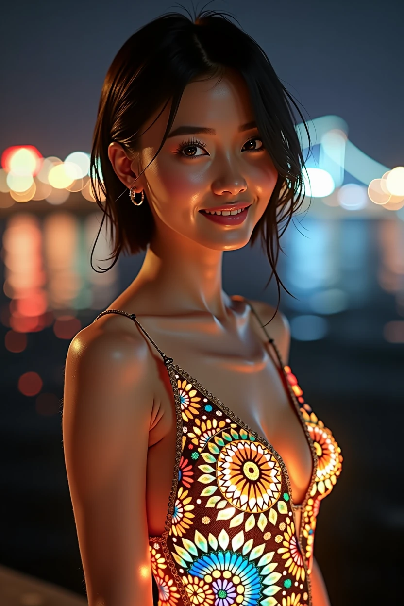 (masterpiece, best quality), 8K,(((Very detailed))), Race:1.8, Super intricate Race pattern, colorful Race pattern, Colorful stained glass transparent body, Mandala,Light Up, 1 female, Open back, 18 years old、Li Jie's photo, tumbler,  Sexy body and sexy belly, Sexy Girls, Youthful and sensual elegance, Sexy body, Sexy look, Very short hair、Shooting at the port with a beautiful night view、 Intelligent face、Willow Waist、Large Breasts、Saliva comes out、Smile、EOS 50ｍｍ f2, Blurred Background、Brighten your face、whole body、Transparent dress、Looking beyond、Young woman