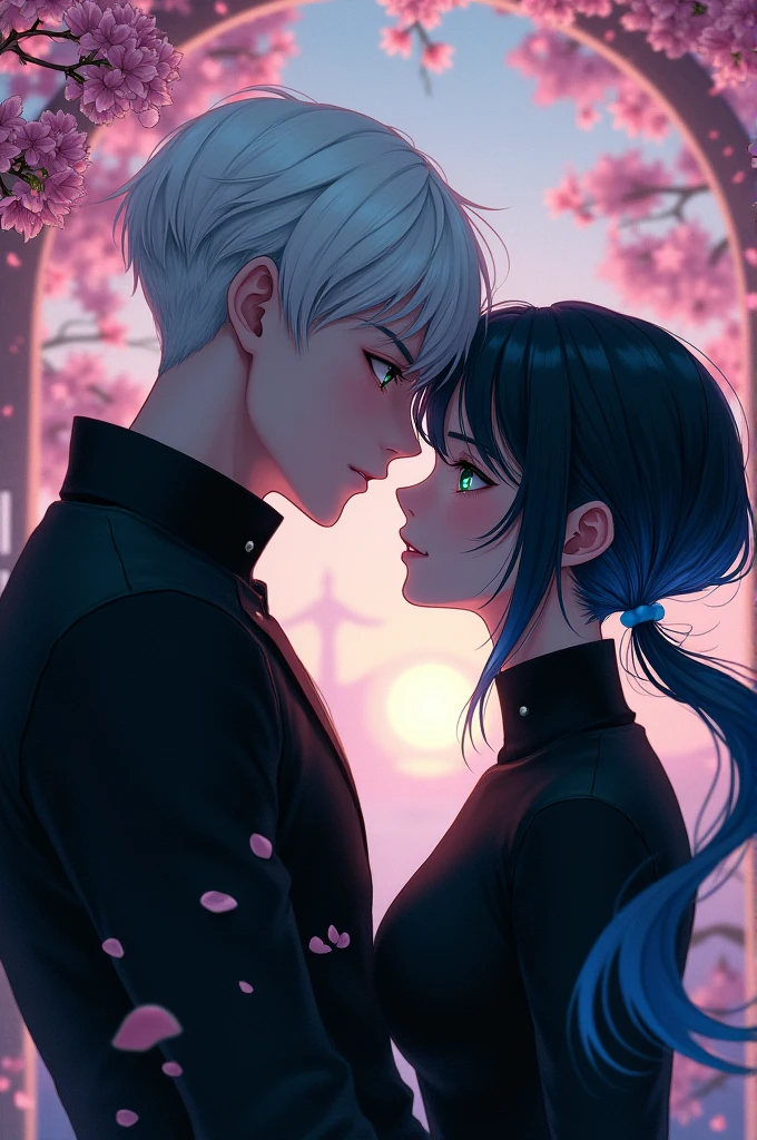 An Assassin falls in love with a princess in the manga. The Assassin has short, white hair and green eyes. Their outfit is black. The princess has black and blue hair with bangs and bright blue eyes. 