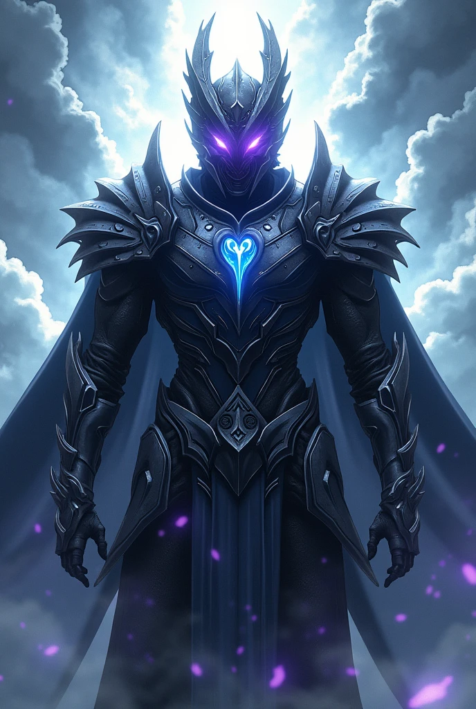 Create a 2D Breakdomain anime style image in the style of a 2D anime animation by: Uma The armor is a perfect fusion of light and darkness, representing the balance between the power of the White Divine Dragon and the Black Divine Dragon. The right side of the armor is a pure and blazing white, reflecting a heavenly light that seems to radiate the essence of purity and justice. This side is adorned with silvery blue accents, with scales that resemble those of a dragon, symbolizing the White Divine Dragon. The left side of the armor is completely black, absorbing all the light around it, with a purple glow emanating from the depths of the darkness, representing the power of the Black Divine Dragon. This side is decorated with deep purple accents, with scales that appear to be alive, moving subtly, as if the darkness itself is pulsing through them. - Helmet: The helmet completely covers the face, with a visor in the shape of dragon eyes, a luminous blue eye on the right side and a piercing purple eye on the left side. A white horn rises from the right side of the helmet, while a sinuous black horn protrudes from the left. - Breastplate: The breastplate of the armor is divided into two parts, with the right side exuding a divine energy of protection, and the left side an aura of destruction. The symbol of a white dragon is engraved on the right side, while the symbol of a black dragon is on the left. In the center, where the two sides meet, is a crystal that changes color between blue and purple. - Lower Armor: The lower part of the armor is a combination of white and black plates that fit together perfectly, allowing maximum agility without sacrificing defense. The greaves are adorned with ancient runes, which glow with a light that is both divine and evil at the same time. - Cloak: A cloak flows from the back of the armor, half of it white with gold edges, and the other half black with silver edges. The cloak seems to float on an invisible breeze, giving the impressi