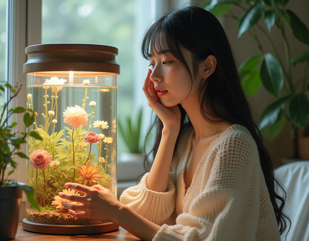 Masterpiece, best quality, 1 girl, in a .jar, .jar, simple background, full body, flower, sit,Erun