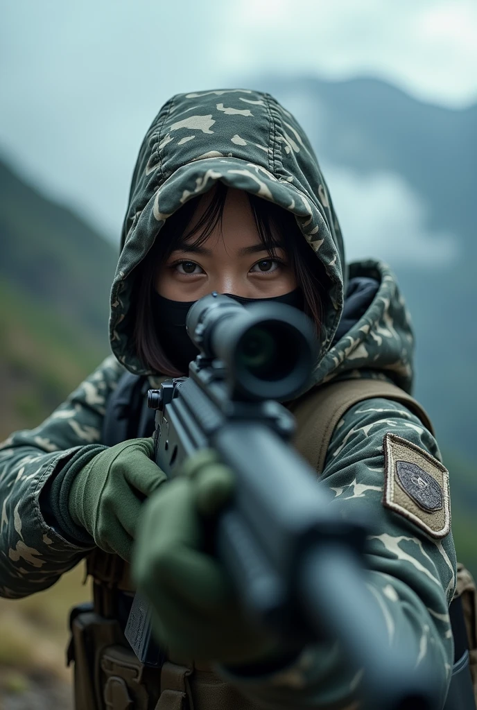Masked Chinese female sniper headshot 
