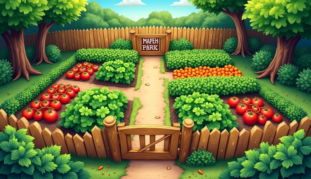 “top-down view of vegetable garden,”, “with a simple gate that says MAPEH PARK” “fences around the garden,” “trees at the back of the garden.” “kids illustration, “top view”, “top view” (🥬🥦) “show the wholeness of the vegetable garden” “top view of the vegetable garden” “Top 🔝 view 🗾”