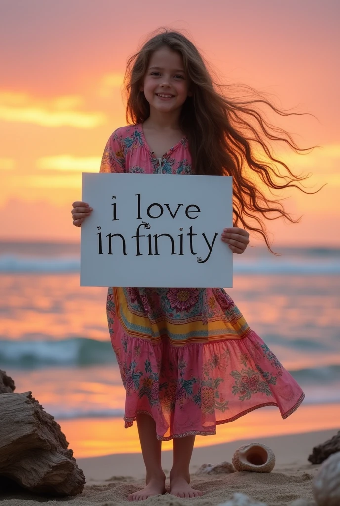 Beautiful girl with wavy long hair, bohemian dress, holding a white board with text "I Love Seaart Infinity" and showing it to the viewer