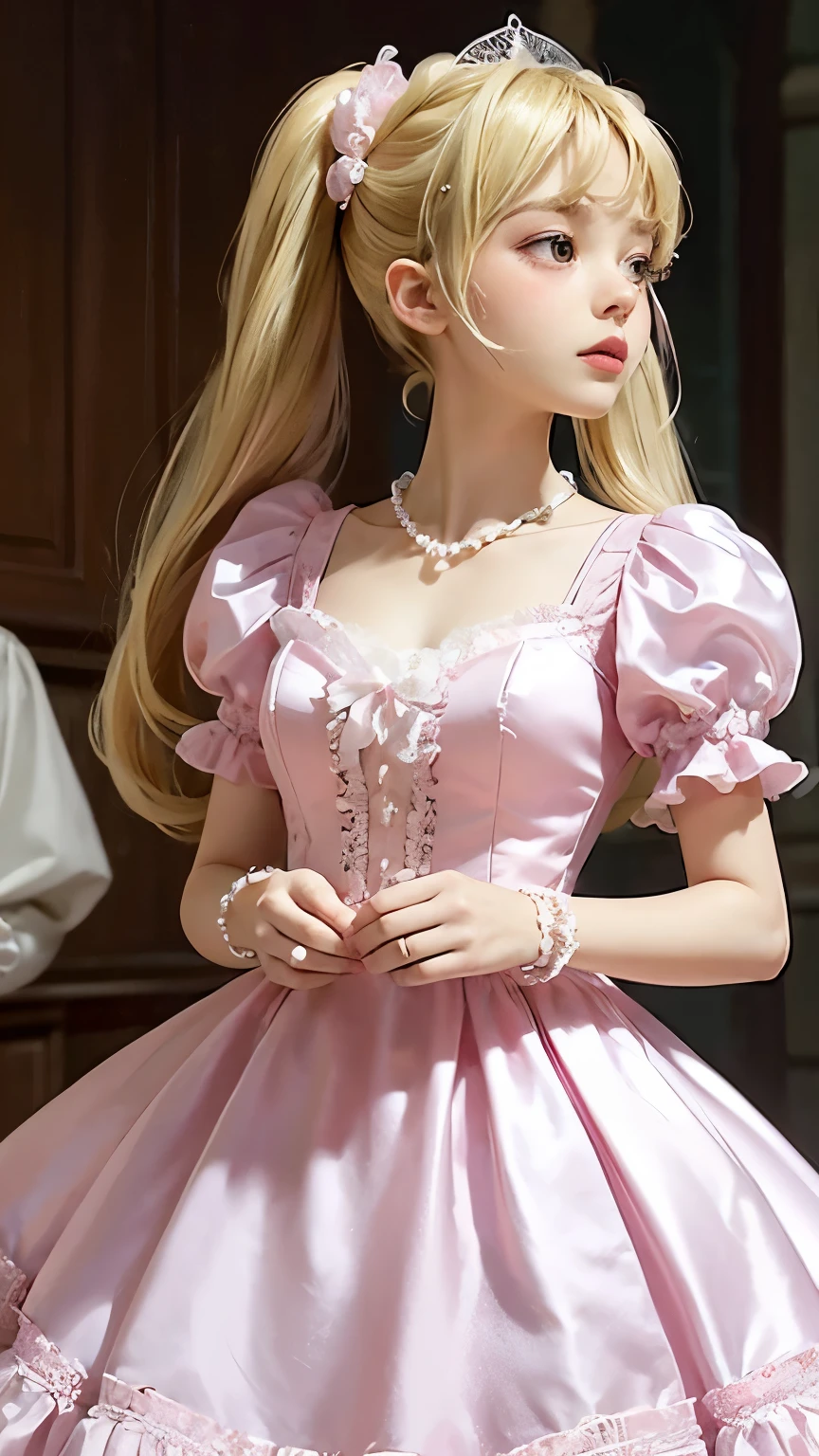 Vivid colors, Masterpiece, Sharp focus, Top quality, Depth of field, Cinematic lighting, Perfect anatomy, Girl Cute Blonde hair Twin tails (Dress: pink silk organdy princess line dainty Ruffles Lace Pearls Jewelry), Dress design, masterpiece, vibrant colors