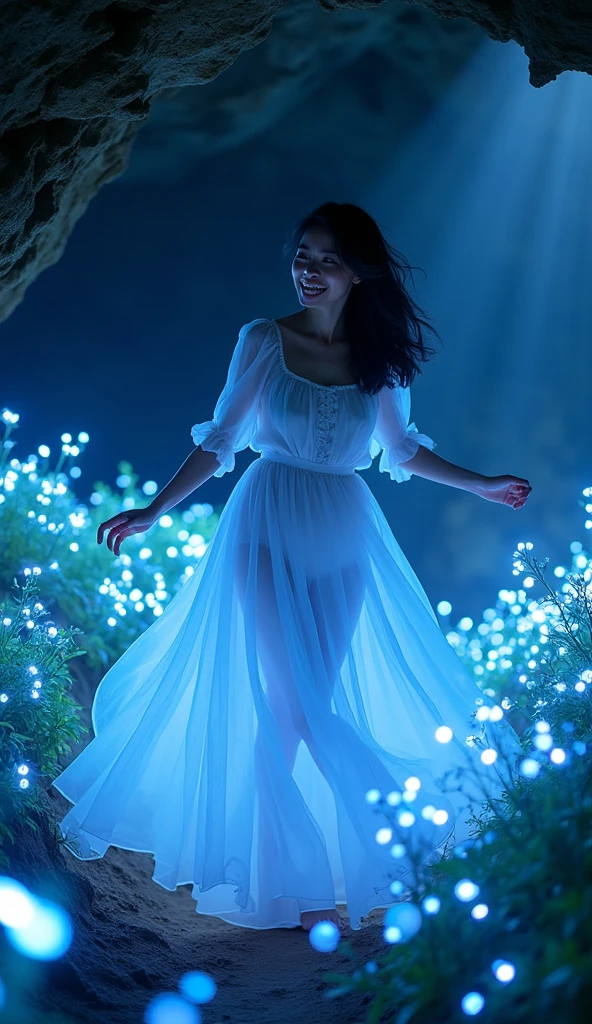 realistic photography, fantasy, a grin beautiful Japanese woman 25yo. Happy moment cute ,girl, in dark cave, wearing white Chiffon fabric flower dress flowing., ,creating glowing flowers , glowing blue light, dynamic color, there is flowers glowing light scattered around her, depth of field, dynamic angle, fantasy, fantastic , dynamic dancing movement, gymnastics 