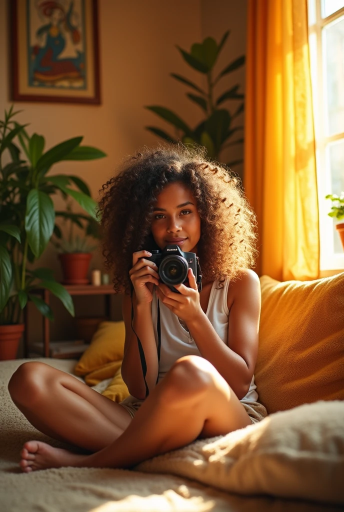 A brunette girl with curly hair and big breasts sits with her legs stretched out, taking a realistic photo