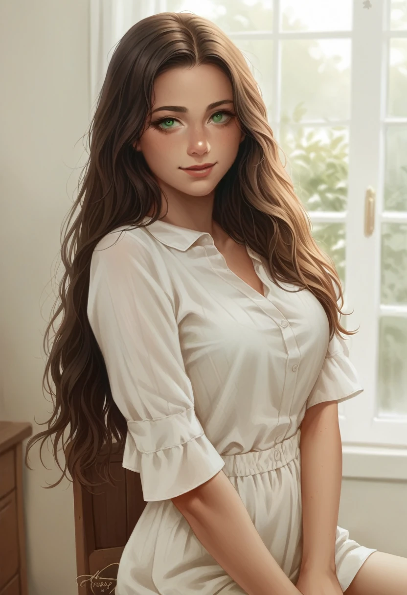 Realistic female half-length portrait, Woman with long brown curly hair, green eyes, and a gentle smile, Wearing a white shirt with ruffled sleeves, The environment is bright, simple studio，Features soft natural light, The atmosphere is peaceful and intimate, Capture the warm and approachable temperament of women, photography, a high-resolution DSLR，Equipped with soft focus lens，e