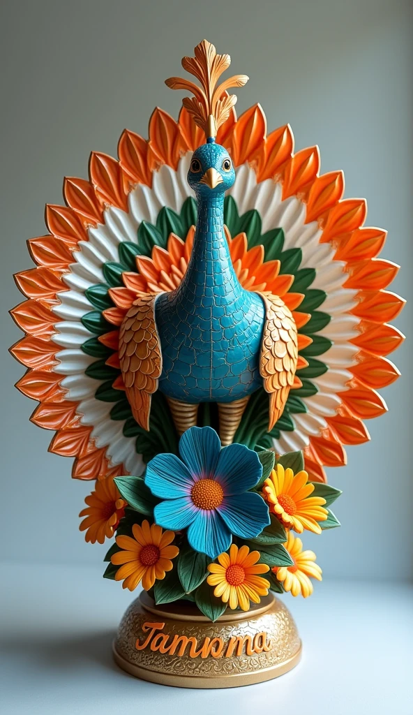 Prompts
Copy
Create a 3D realistic decorative peecock sculpture that features intricate patterns of orange, white, green like the feathers of the Indian flag on one side and a central blooming small navy blue flower, while the other side has the tiger mouth, symbolizing Indianness. The word "Tamanna " is clearly displayed in elegant orange letters on the base, with a subtle backlight illuminating the design against a soft grey background, 4 HDR quality picture.