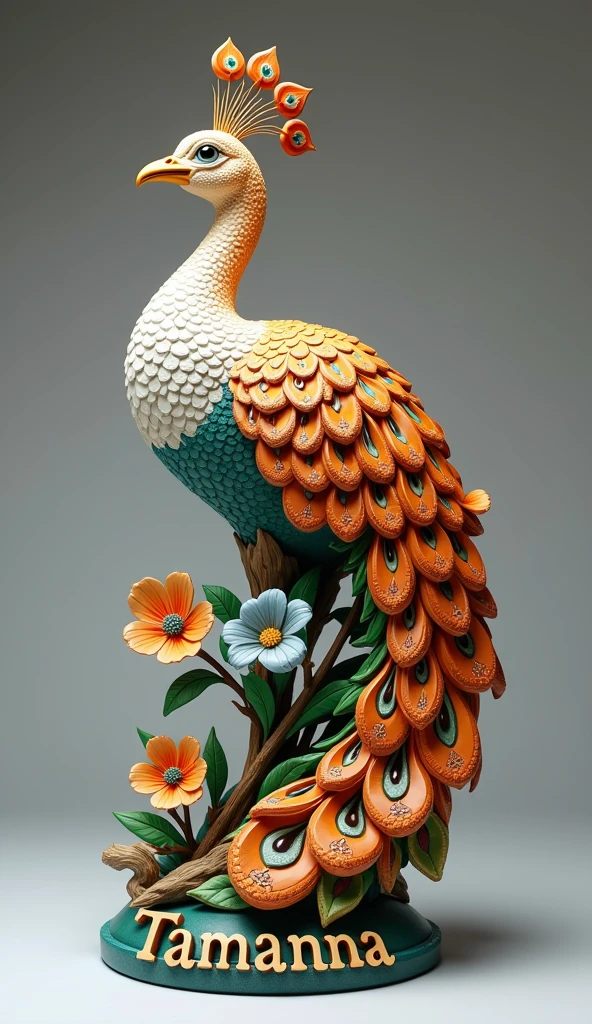 Prompts
Copy
Create a 3D realistic decorative peecock sculpture that features intricate patterns of orange, white, green like the feathers of the Indian flag on one side and a central blooming small navy blue flower, while the other side has the tiger mouth, symbolizing Indianness. The word "Tamanna " is clearly displayed in elegant orange letters on the base, with a subtle backlight illuminating the design against a soft grey background, 4 HDR quality picture.