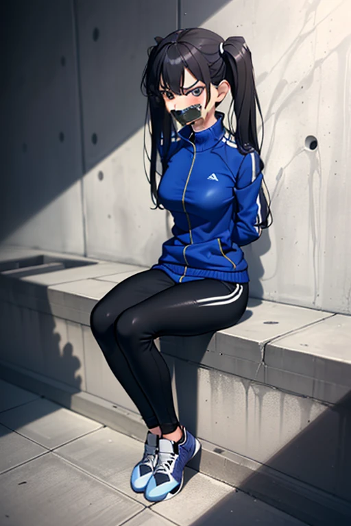 ((1 girl)), ((twin tails)), (sexy),  ((simple_background)), ((concrete floor, concrete wall)), ((underground room)), ((arms behind back)), ((scowl)), ((sitting on the knees)), ((tape gag)),  ((helpless)), ((calm)), ((struggling)), (blue tracksuit,tracksuit,tights pants, long black pants)