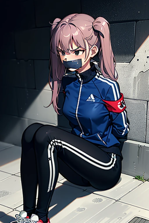 ((1 girl)), ((twin tails)), (sexy),  ((simple_background)), ((concrete floor, concrete wall)), ((underground room)), ((arms behind back)), ((scowl)), ((sitting on the knees)), ((tape gag)),  ((helpless)), ((calm)), ((struggling)), (blue tracksuit,tracksuit,tights pants, long black pants)