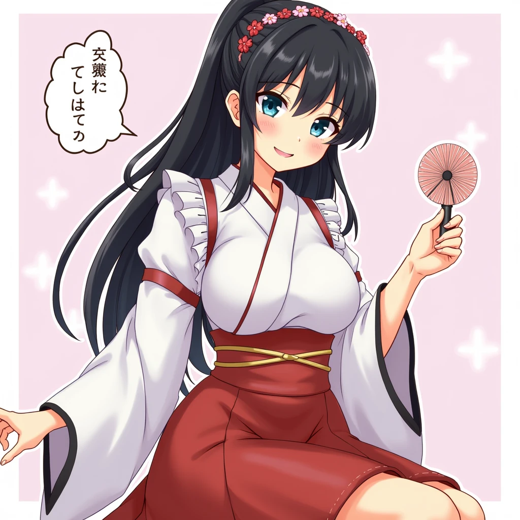 Long straight black hair。ponytail。
Bangs。The corners of the eyes are down、Smiling。
You're treating me like a baby and spoiling me.。
Her breasts are enormous。
Miko costume。Eye color is blue leaning towards black。
The whole body is shown。The butt is also incredibly big。
The face is looking at this way、Eyes are moisturized。Blushing。My clothes are loose、Fan。
I'm sweating、Very sexy。