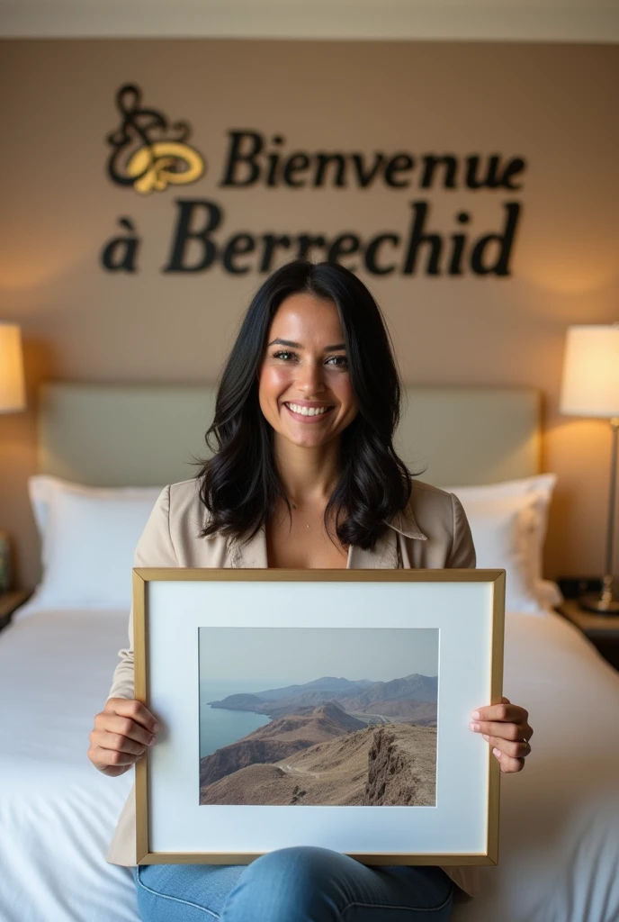 Une femme brune. Les cheveux raides, écartés ou assez écartés du cou, pas longs, de couleurs noirs. Une femme un peu volumineuse par sa forme physique. Assise dans une grande chambre d'hôtel, sur un lit de l'hôtel, souriante, la tête droite, le regard droit fixé vers l'avant, portant dans ses mains une grande photo qu'elle montre bien vers l'avant de sorte que la photo qu'elle montre soit un peu décollée de sa poitrine et derrière elle, accroché sur le mur, un tableau avec 2 écritures sur le tableau. L'une qui dit en langue arabe : Bienvenue à Berrechid et la deuxième en langue française qui dit : Bienvenue à Berrechid.