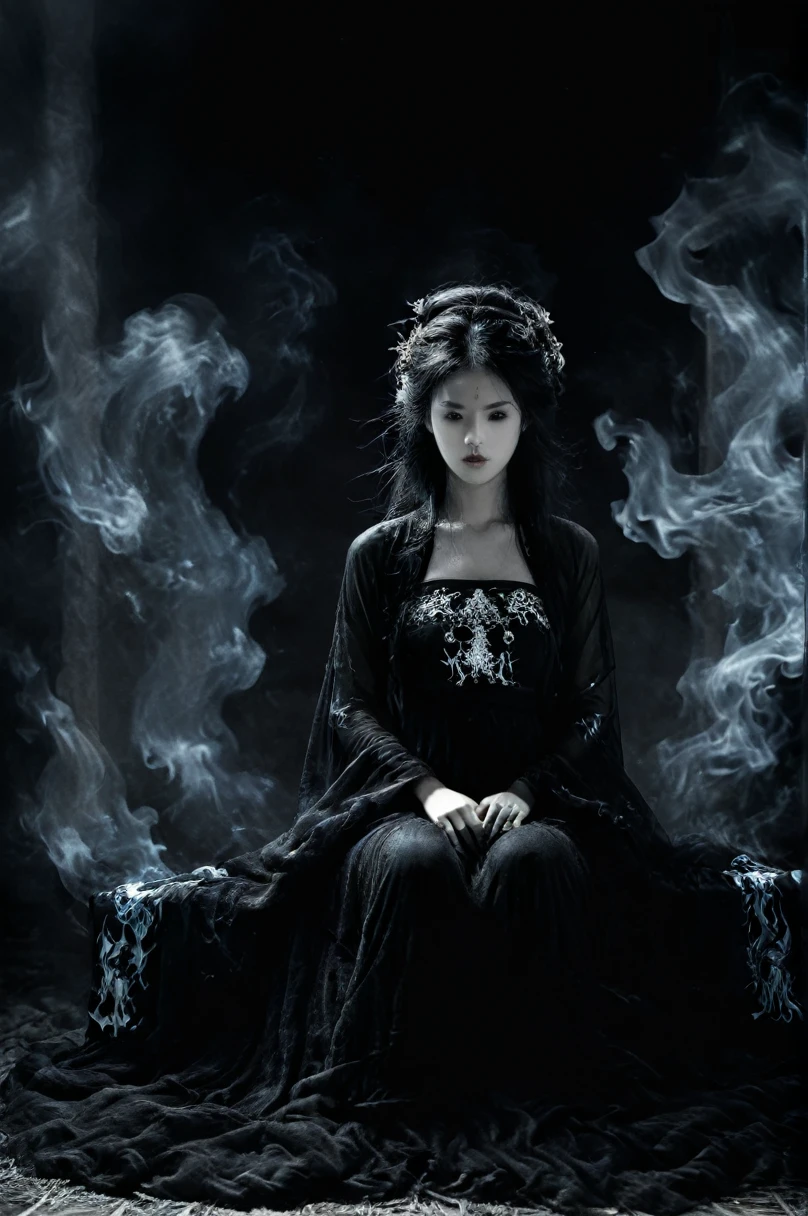 The picture is symmetrical, Symmetrical artistic double exposure style, Volumetric Lighting, Lean forward,light depth, Dramatic atmospheric lighting, Volumetric Lighting, Ghosting effect, Image combination,
(Practical, photoPractical),The girl sits on the throne, and Black flames spread around her from the center
(Black:1.2)
The girl is wearing a Hanfu made up of Black ghosts and skeletons. The Black ghosts and skeletons surround the girl, with Black flames burning and ghosts all around.