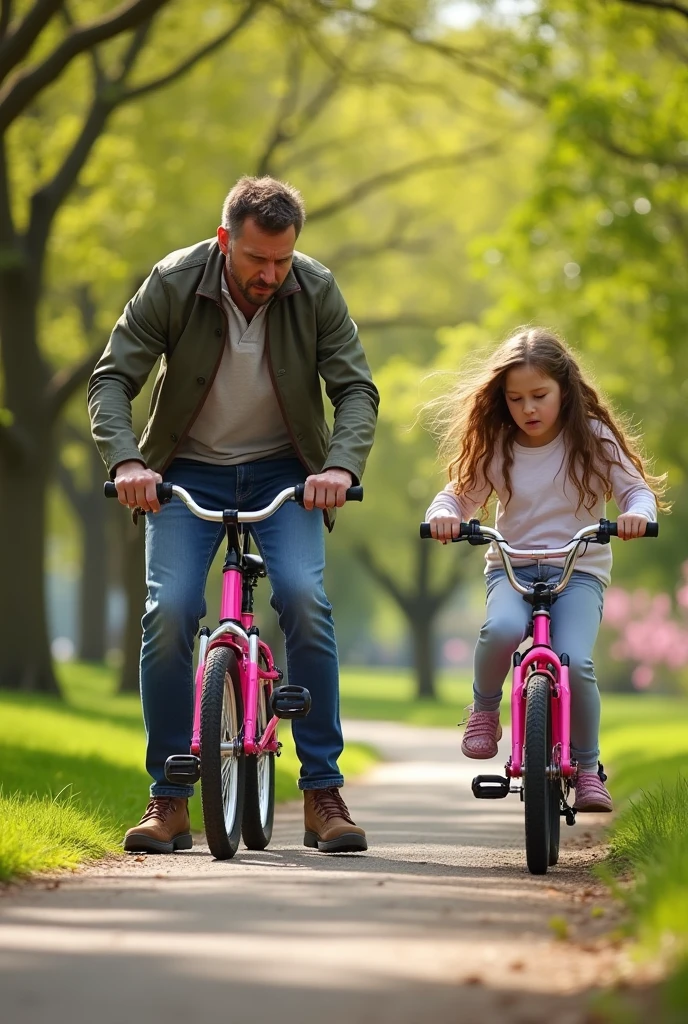 Very angry dad teaching his daughter with long curly hair to ride a bike