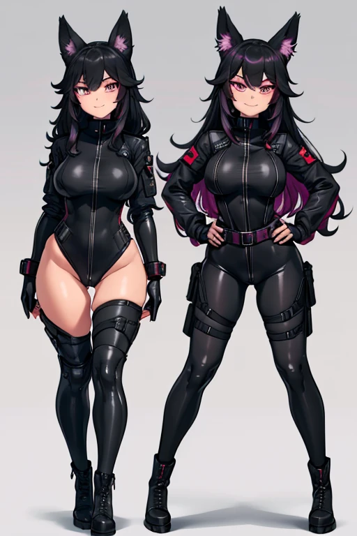 female, black long hair with magenta trim, silver eyes, wolf ears, wolf tail, (((1girl))), (((black full body skintight tactical bodysuit))), (black tactical belt), (black thigh high military boots), (black gloves), cute and sexy, full body, large breasts, long legs, smiling
