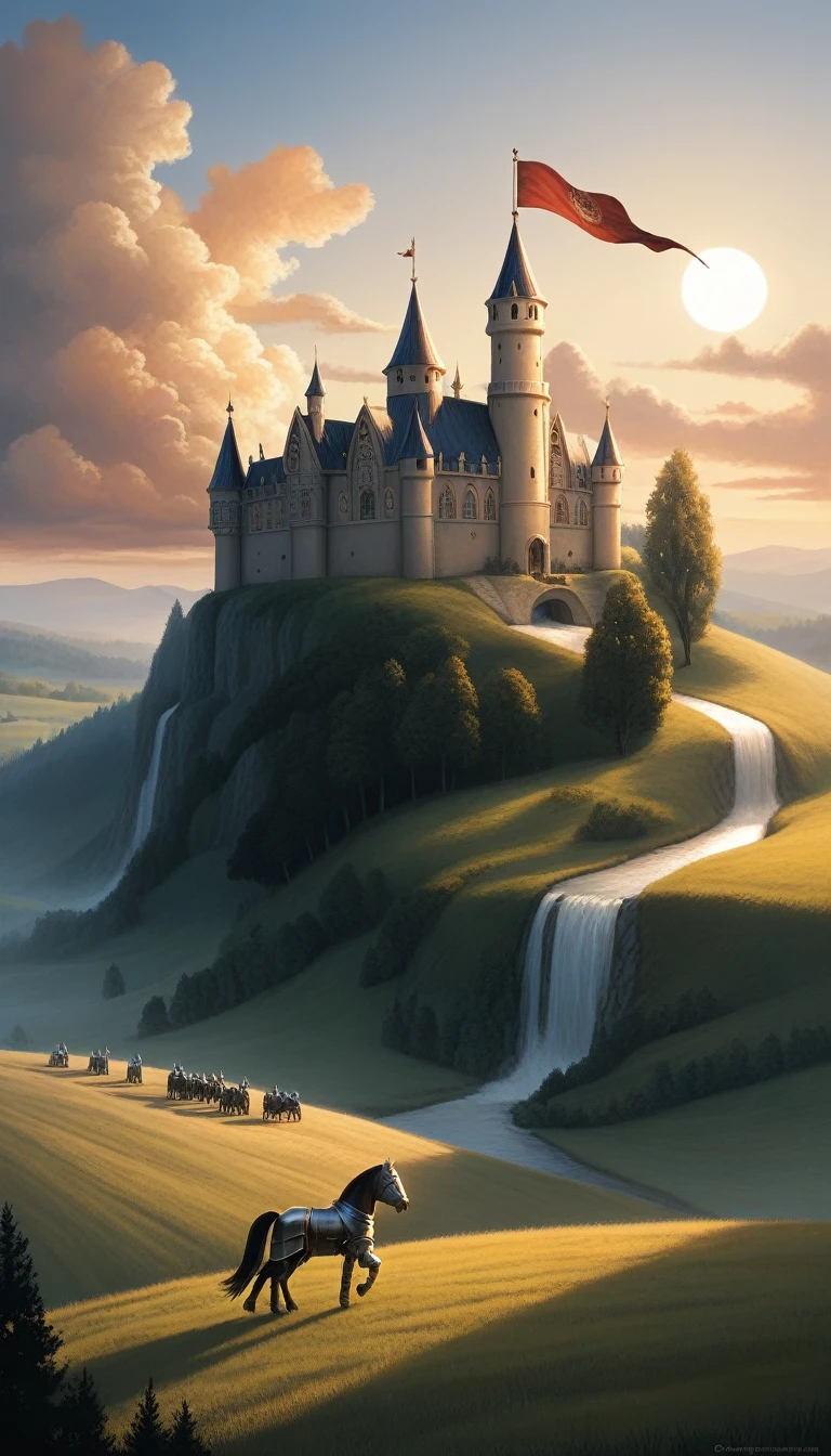 A majestic scene set at dawn with a castle on a hill in the background, illuminated by the rising sun. In the foreground, a blonde female knight with long, flowing hair rides a black horse. She is adorned in elaborate, dark armor with a fur-lined cape that flows in the wind. The knight is leading a procession of soldiers, all clad in medieval armor, with banners waving in the air. The scene is bathed in a golden and blue light, with the sky transitioning from night to day, creating a sense of hope and determination. The overall atmosphere is epic and heroic, with a strong sense of leadership and purpose