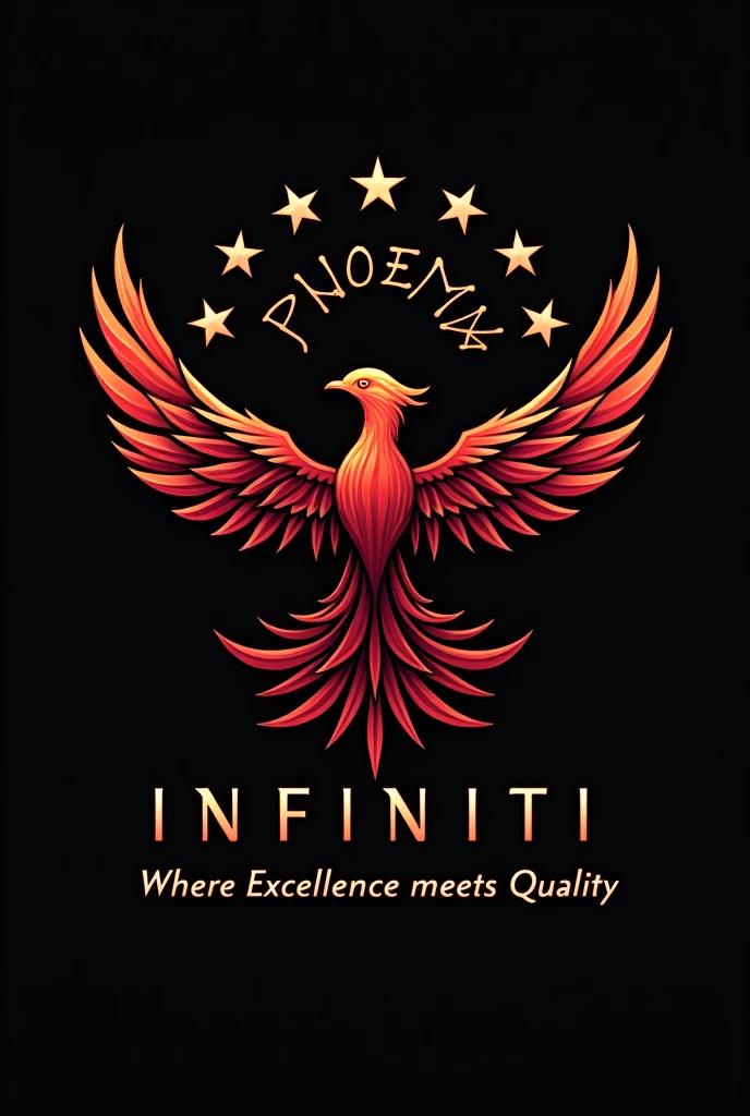 Phoenix logo with infinity symbol in red and black combo, merge bird and infinite symbol, include only 9 stars around the bird , and include the name PHOENIX in capitals and in modern font and INFINITI in smaller font than Phoenix, place it right below PHOENIX, and add a tagline Where Excellence meets Quality