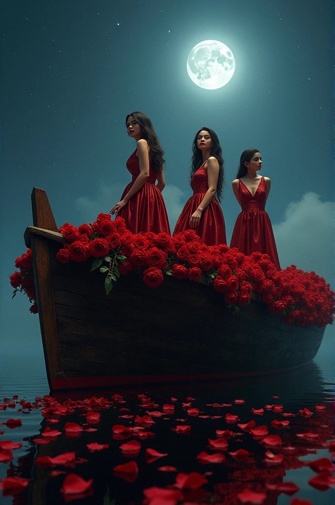 I'm taking photos for a new concept album. Girl group concept photo shoot with a giant boat full of roses on a cold and mysterious night
