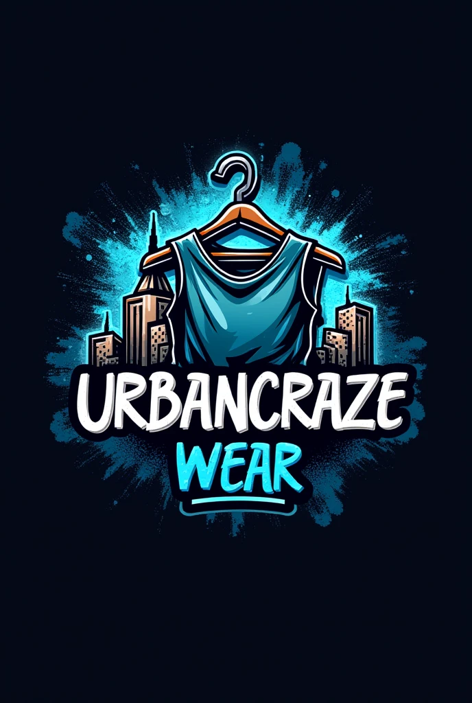 "Design a modern and stylish logo for 'UrbanCraze Wear,' a trendy clothing brand. The logo should have a bold, urban feel, incorporating sleek, contemporary fonts. Use a dynamic color palette with vibrant shades like electric blue, deep black, and metallic silver. Include a graphic element that symbolizes fashion, such as a stylized clothing hanger, a city skyline, or abstract patterns inspired by street art. The overall design should be edgy, reflecting the brand's focus on trendy, youthful, and urban fashion."