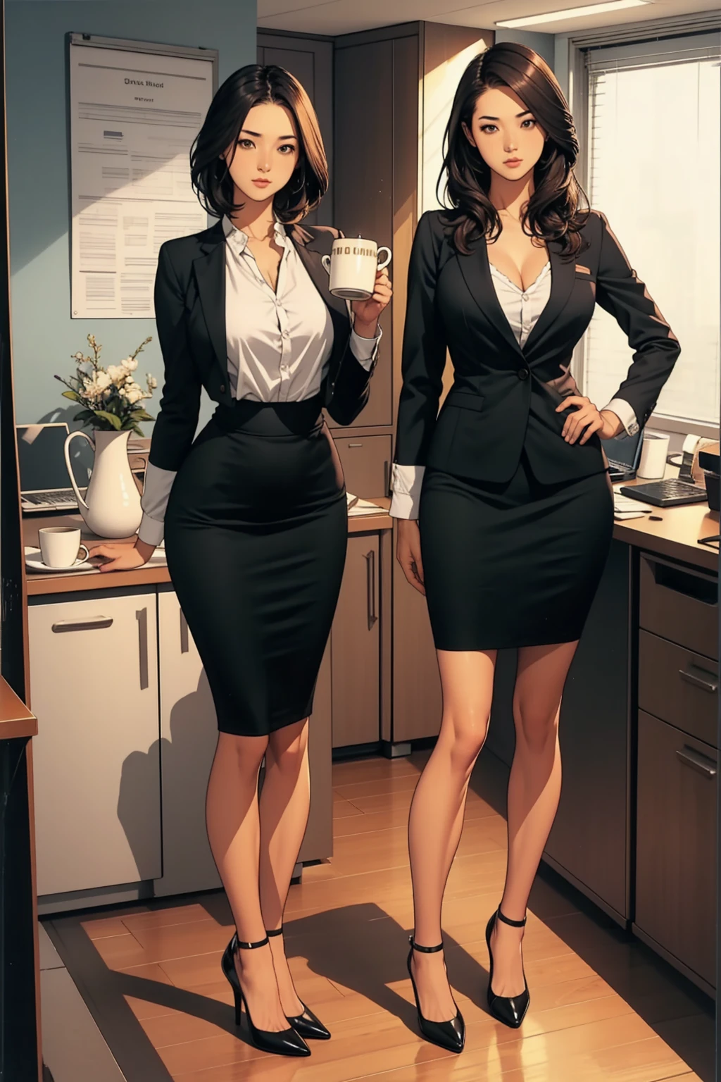  3 girl, large breast, wearing black blazer, black pencil skirt,black heels, standing, lean on desk, drinking tea in the mug, fullbody shot, inside office, 