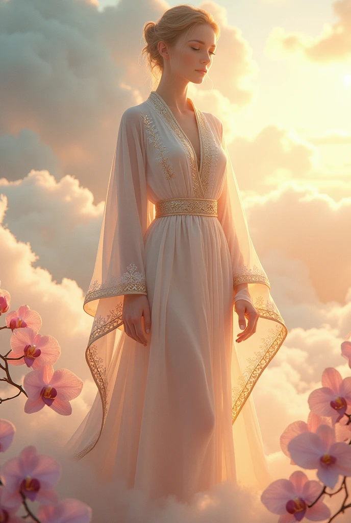 The robe had gold trim and was embroidered with images of white clouds and orchids