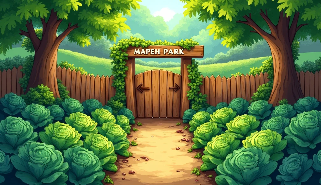 “top-down view of vegetable garden,”, “with a simple gate that says MAPEH PARK” “fences around the garden,” “trees at the back of the garden.” “kids illustration, “top view”, “top view” (🥬🥦) “show the wholeness of the vegetable garden” “top view of the vegetable garden” “Top 🔝 view 🗾”