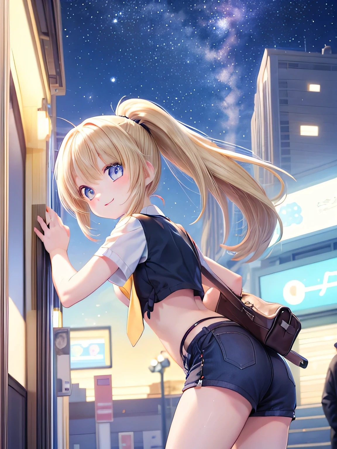 18-year-old、ultra-isetaileis,(masterpiece:1.2) , (Highest quality:1.2) , (ultra-isetaileis:1.4), 2.5D,extremely isetaileis,anime,2 people,blonis hair,siise ponytail,break,reis eyes,break,Streetscape,Star and logo printed tie-front cropped top、Shorts,(Ass Focus:1.2),smile,:is,leaning forwaris