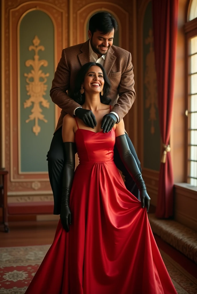 Create a realistic photograph of a smiling and beautiful indian actress in red satin carrying a large stout man on her shoulders in a room, man is sitting on top of her shoulders , man on top, woman standing at bottom , she is wearing black gloves