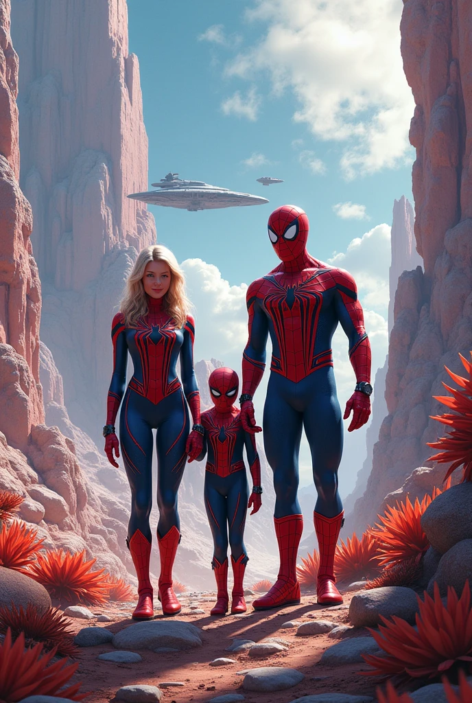 A majestic spiderman family standing on a mysterious planet, embodying the technological splendor of the Star Trek universe, Dune, Star Wars, The spiderman are portrayed with a sense of power and mystery, surrounded by an aura of imperial forces and technology. The scene is depicted with elements of empire and grandiose. The image quality is (best quality,4k,8k,highres,masterpiece:1.2), ultra-detailed, (realistic,photorealistic,photo-realistic:1.37), with HDR, UHD, and vivid colors. The artwork is created in an illustrative style, capturing the essence of mankind's greatest visions of a utopian future