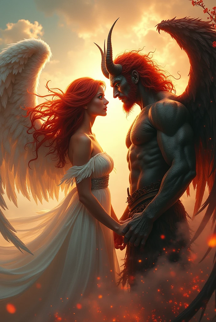 A red-haired angel with blue eyes and a handsome red-haired demon with green eyes