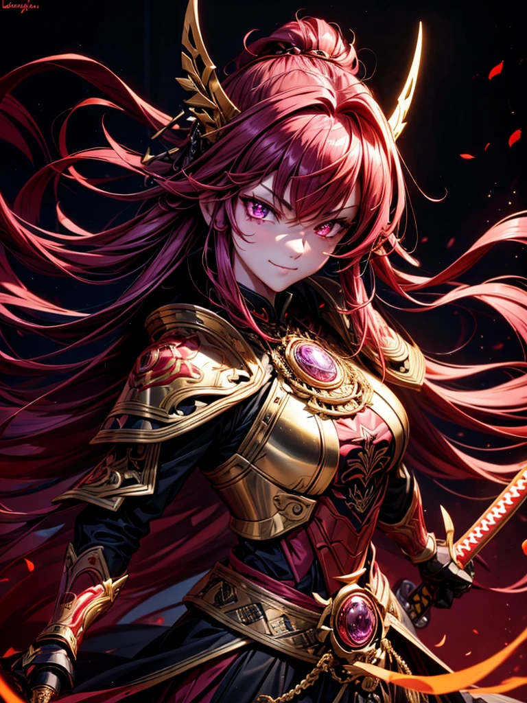 best quality,4K,high resolution),Ultradetailliert,realistisch,portrait, Lila Samurai Sukkubus mit einen katana dunkelrotem Haar, a purple-dark red armor with gold neon lights with gold trim and glowing red eyes, Leuchtende Farben, delicate features, seductive glance, Charming smile, wallende Haare, sanfte Beleuchtung