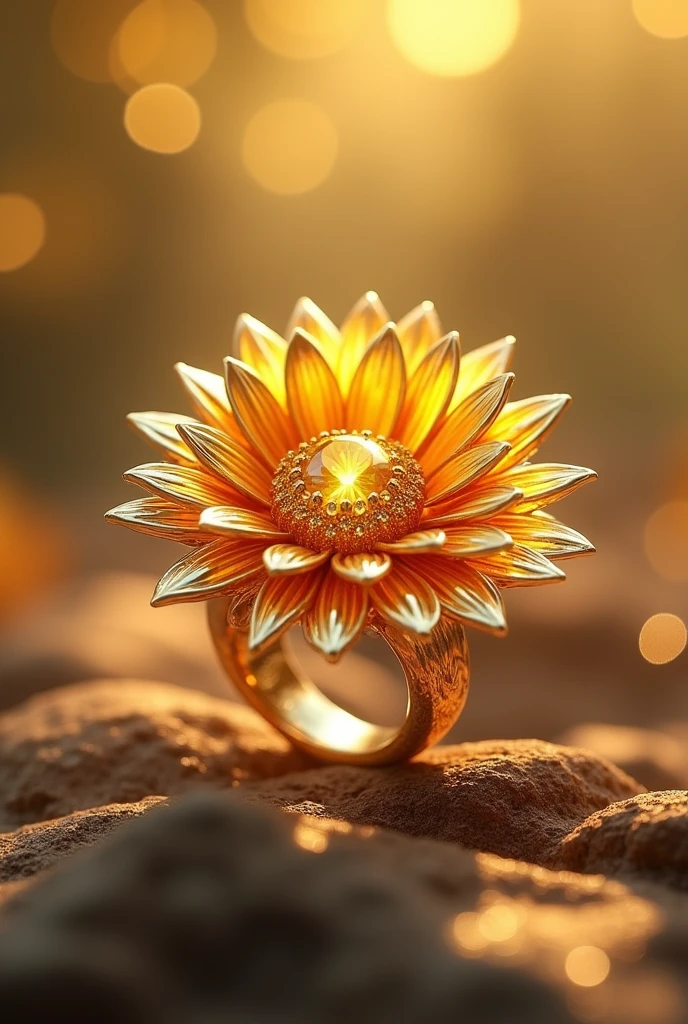 Beautiful 3D modeling rendering of a golden sunflower flower ring with a yellow gem