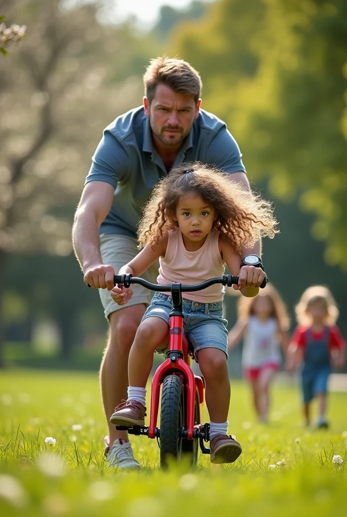 Very angry dad teaching his daughter with long curly hair to ride a bike