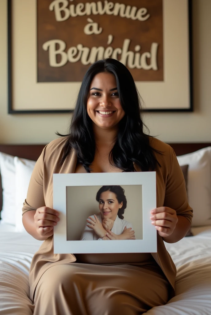 Une femme brune. Les cheveux raides, écartés ou assez écartés du cou, pas longs, de couleurs noirs. Une femme un peu volumineuse par sa forme physique. Assise dans une grande chambre d'hôtel, sur un lit de l'hôtel, souriante, la tête droite, le regard droit fixé vers l'avant, portant dans ses mains une grande photo qu'elle montre bien vers l'avant de sorte que la photo qu'elle montre soit un peu décollée de sa poitrine et derrière elle, accroché sur le mur, un tableau avec 2 écritures sur le tableau. L'une qui dit en langue arabe : Bienvenue à Berrechid et la deuxième en langue française qui dit : Bienvenue à Berrechid.