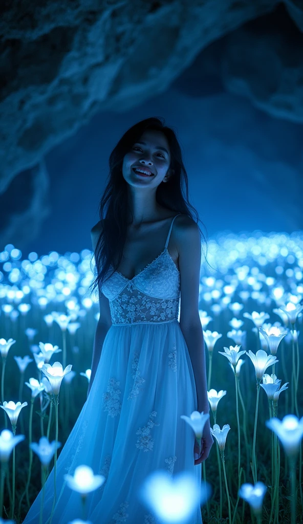 realistic photography, fantasy, a grin beautiful Japanese woman 25yo. Happy moment cute ,girl, in dark cave, wearing white Chiffon fabric flower dress flowing., ,creating glowing flowers , glowing blue light, dynamic color, there is flowers glowing light scattered around her, depth of field, dynamic angle, fantasy, fantastic , dynamic